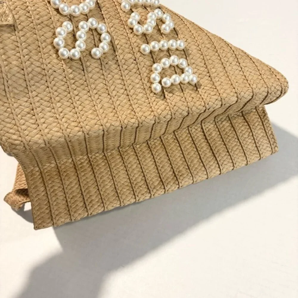 NWT Beyond the Beach Social Distancing Straw Tote Pearl Embellished Bag